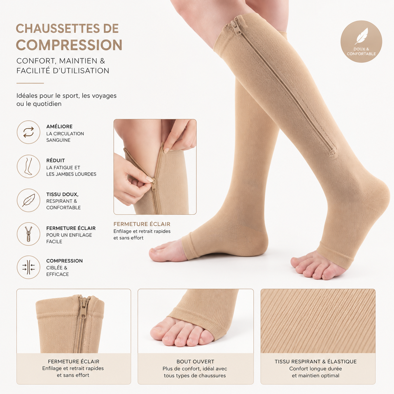 Chaussettes de Compression à Fermeture Éclair