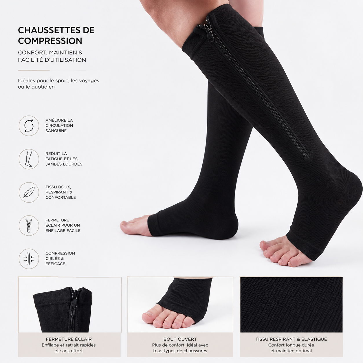 Chaussettes de Compression à Fermeture Éclair